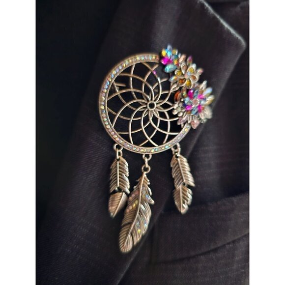 Large Dream Catcher Jeweled Brooch with Dangling Feathers 4 - Picture 1 of 8